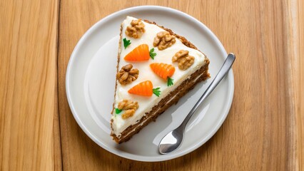 A slice of moist carrot cake with cream cheese frosting, garnished with walnuts and carrot pieces, served on white plate on wooden background