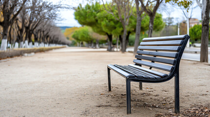 Obraz premium A solitary bench in a serene park, surrounded by trees, inviting visitors to relax and reflect in a tranquil outdoor setting.
