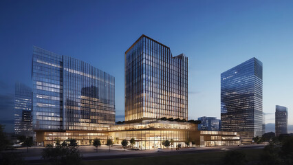 Naklejka premium A stunning modern skyscraper landscape showcasing innovative architecture at dusk, illuminated by warm lights and a vibrant skyline.