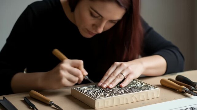 Woman Artist Carving Linocut Block in Art Studio