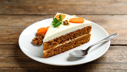 A slice of moist carrot cake with cream cheese frosting, garnished with walnuts and carrot pieces, served on white plate on wooden background