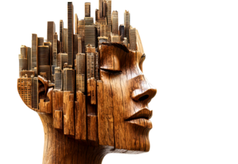 Wooden Faceless Woman with Skyline Carving in Profile View Isolate on Transparent Background, cutout, png