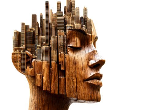 Wooden Faceless Woman with Skyline Carving in Profile View Isolate on Transparent Background, cutout, png - Powered by Adobe