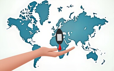 Banner for World diabetes day awareness with a world map on background. Arm and finger with blood drop and hand with digital glucometer. Poster for diabetes blood sugar level test. Vector illustration