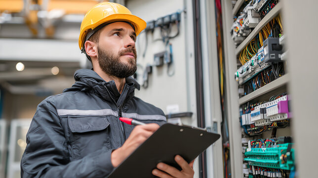 A technician examines electrical control panels with a clipboard while wearing safety gear in an industrial setting.