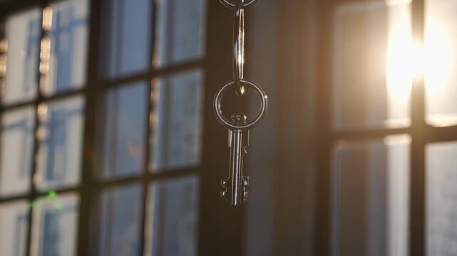 Metal key on ring by window with sunlight, key shines symbol of key security, realestate ownership. Unlock door of house, open property for safe family home. Key unlocks future, entrance ownership. - Powered by Adobe