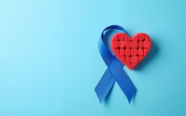 blue ribbon awareness with red blood drop and heart made of sugar cubes on a blue background, world diabetes day. High quality