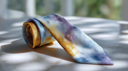 Colorful Tie-Dye Necktie in Sunlit Setting with Copy Space