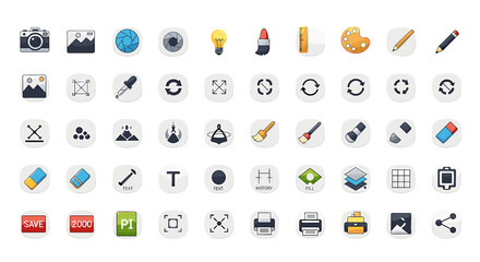 Illustration of various design and editing tools icons arranged on a white background in a grid layout on transparent background