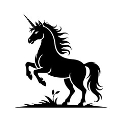 Obraz premium Monochrome vector illustration of a mythical unicorn rearing on hind legs in grass. Black and white silhouette, flowing mane, single horn. Fantasy, fairytale, magic concept.