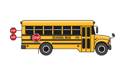 Illustration of a yellow school bus with stop signs extended and school bus text on the side of the vehicle on transparent background
