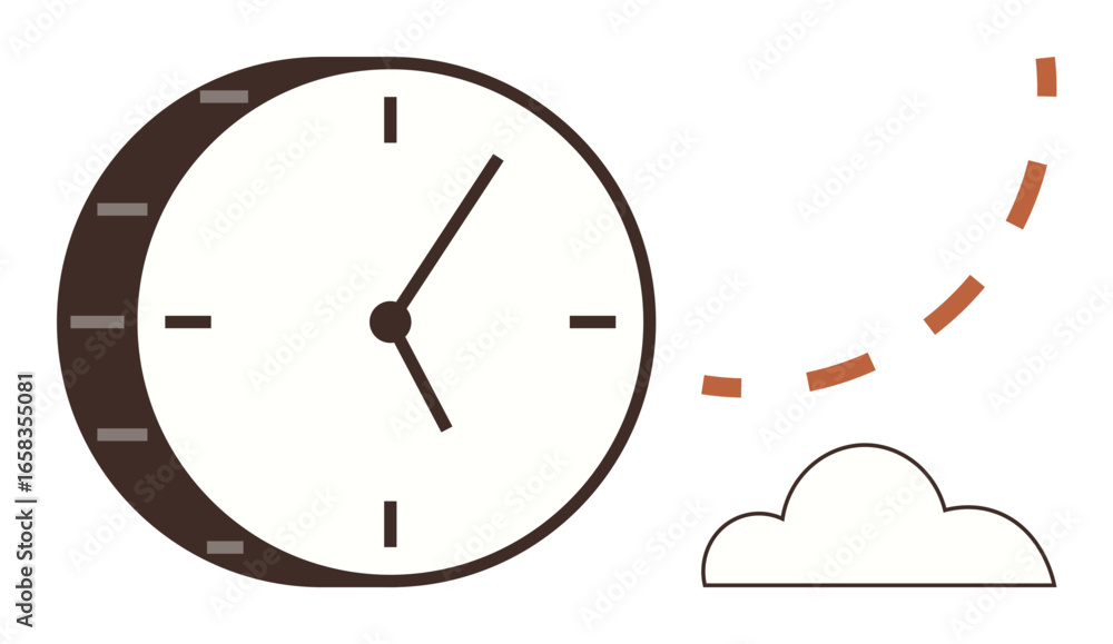 Poster analog clock with hands pointing forward, dotted arrow curving upward towards minimal cloud. ideal f