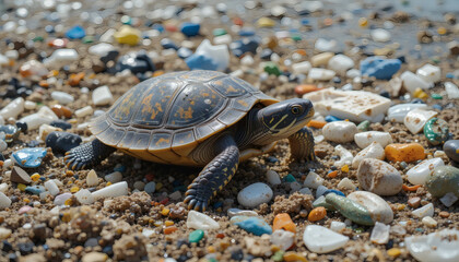 Obraz premium A turtle crawling near plastic waste in a polluted coastal area, highlighting environmental impact