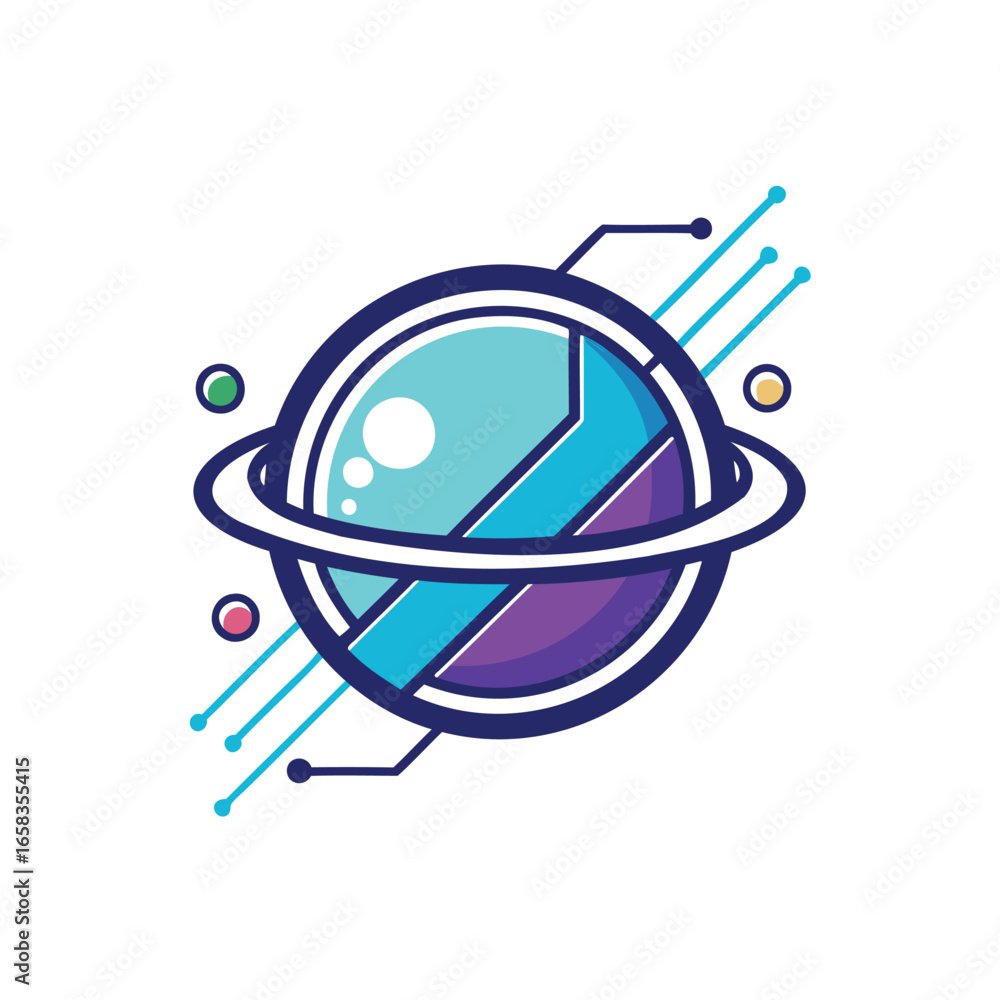 Poster futuristic planet with digital data streams and orbiting ring