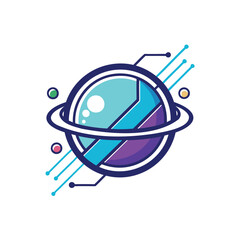 Futuristic planet with digital data streams and orbiting ring