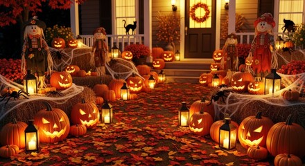 Obraz premium Spooky Halloween porch decorations with glowing jack-o'-lanterns, scarecrows, and autumn leaves, perfect for festive fall celebrations