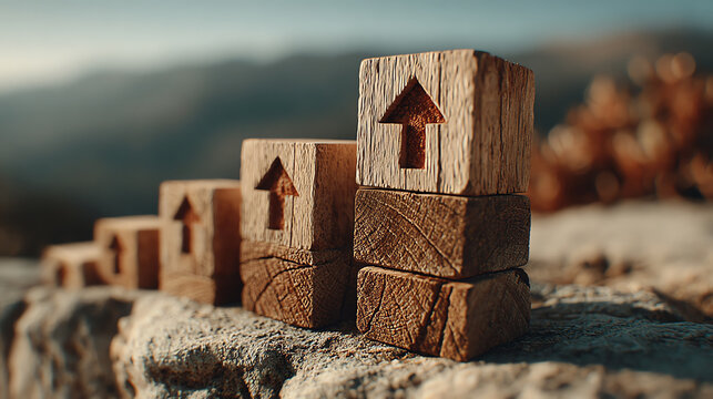 Wooden blocks with upward arrows symbolizing growth and progress in business and finance, set against a blurred natural background.