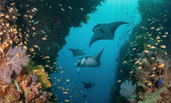 Ocean's vibrant coral reef tunnel, manta rays & fish