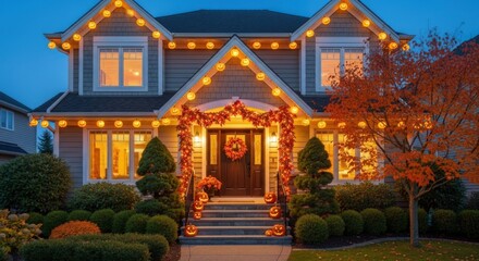 Festive Halloween home decorated with glowing pumpkin lights and fall foliage, creating a welcoming autumn atmosphere