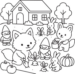 A detailed black and white drawing featuring a charming fox, playful rabbits, whimsical gnomes, and a cozy house in a delightful scene