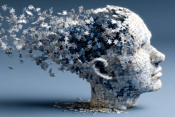 Puzzle in a shape of human head losing pieces as brain damage or loss memory on blue background