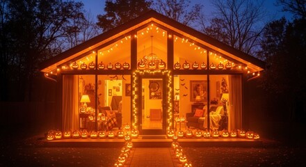 Spooky Halloween house decorated with illuminated jack o'lanterns and string lights, inviting festive ambiance for holiday celebrations