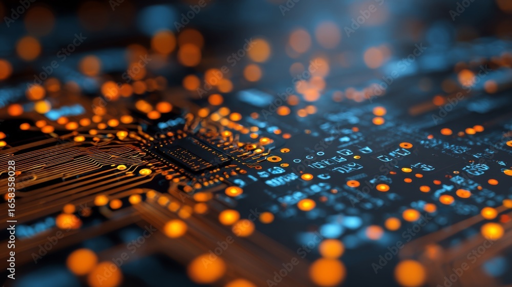 Aufkleber abstract orange and blue technology background with glowing circuit board patterns and digital progr