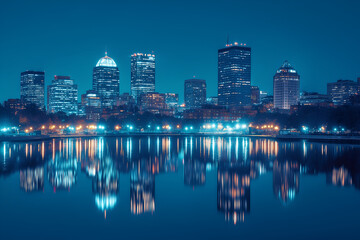Fototapeta premium A panoramic view of a city skyline nearby the river at night