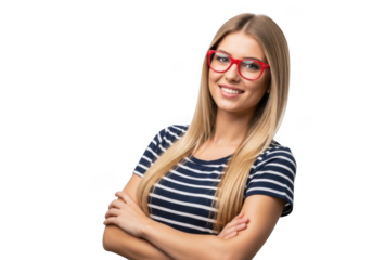 Young woman with red glasses and striped shirt isolated on transparent background