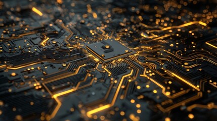 Futuristic printed circuit board background with glowing electronic lines, modern server motherboard design, abstract digital technology pattern, and high-tech innovation concept for data processing a