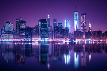 Fototapeta premium A panoramic view of a city skyline nearby the river at night