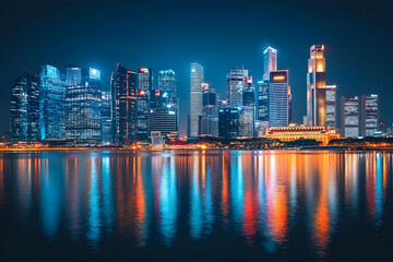 Obraz premium A panoramic view of a city skyline nearby the river at night
