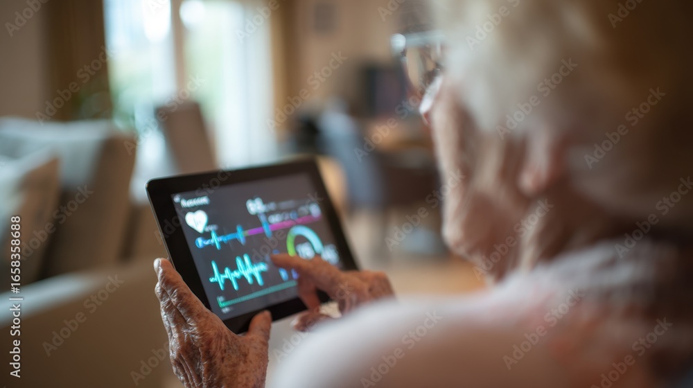 Aufkleber side medium shot of an elderly person interacting with a digital device for a remote checkup sharp f