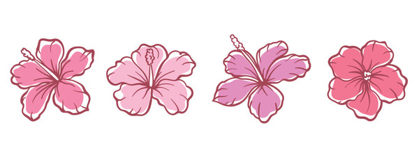 set of pink hibiscus flower silhouette vector illustration