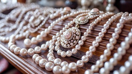 Elegant Pearl Necklaces on Wooden Surface