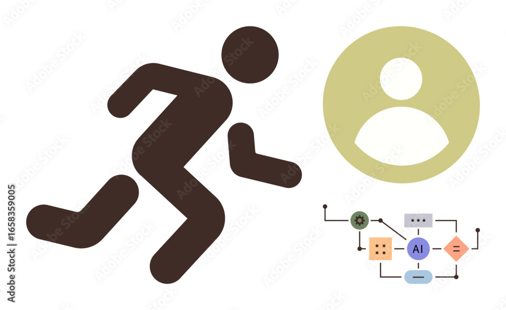 Poster running figure beside person icon and ai flowchart conveys innovation, synergy. ideal for technology