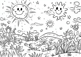 Funny comet and shooting stars coloring book illustration, showing comets with expressive faces zooming through space, racing each other, with a giant sleepy moon watching over, thick black 