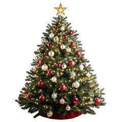 A decorated Christmas tree with lights, ornaments, and a shining star on top, isolated on a white background 
