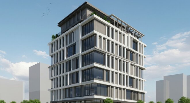 A modern, multi-story building with a light-colored facade, large windows, and a flat roof with a rooftop garden. Clear sky