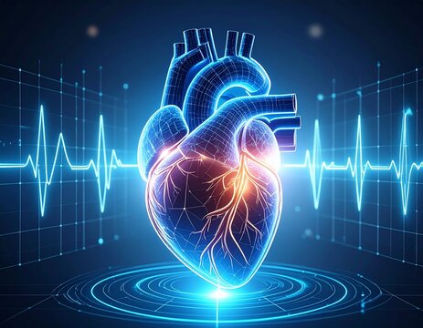 Futuristic 3D holographic human heart, glowing neon pulse line, digital medical interface background, symbolizing National Heart Health Day, cinematic lighting, high-tech healthcare theme