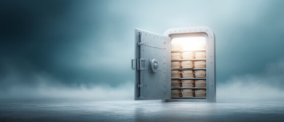 Steel vault door slightly open revealing organized document stacks inside secure storage