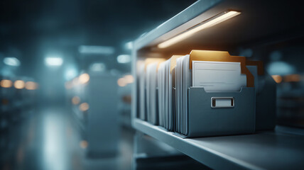 Organized file folder document storage archive shelf office paperwork glowing light modern workspace efficient digital concept