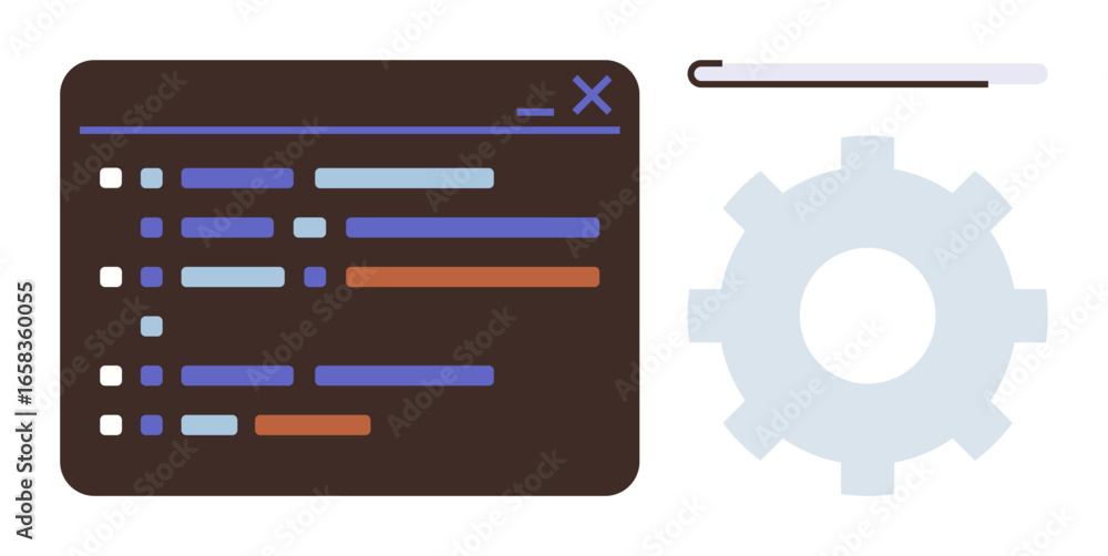 Aufkleber code editor interface with multicolored lines, gear for settings, and progress bar for process track