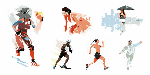 Diverse athletes engaging in various sports and activities in stylized illustration