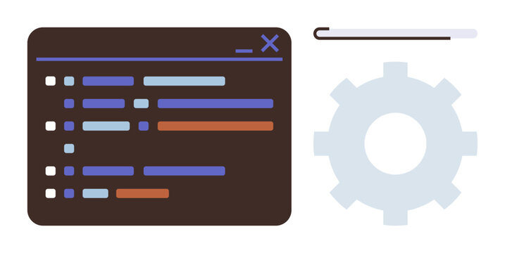 Code editor interface with multicolored lines, gear for settings, and progress bar for process tracking. Ideal for programming, web development, software design, automation, coding education, IT