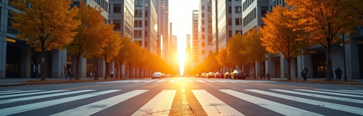 Obraz premium Modern city street with crosswalk and buildings. Autumn trees line the avenue. Bright sun shines through skyscrapers creating lens flare. Cars and pedestrians visible.