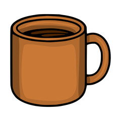 A vector illustration of a flat style brown mug filled with coffee, featuring a simple yet charming design ideal for coffee shop branding or cafe menus.
