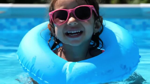 Child Girl Wearing Pink Sunglasses Swimming in Pool with Float Ring Under Bright Sunlight
