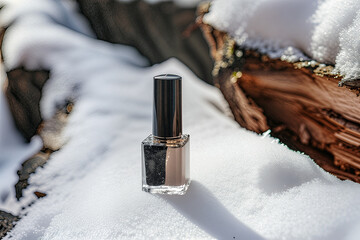 A bottle of nail polish sits on a snowy surface