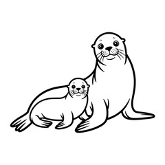 Fototapeta premium Two Sea Lions: Adult and Pup, Black Line Art Illustration on White Background